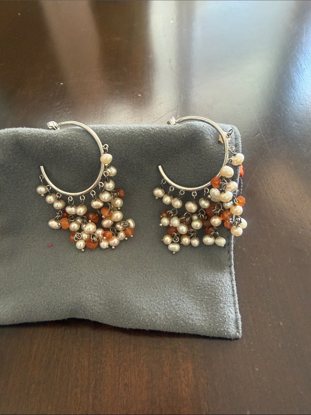 Handmade Silver Hoop Earrings with Cream Pearls & Orange Beads